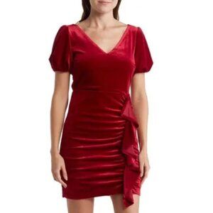 New Sam Edelman Ruched Puff Sleeve Velvet Minidress in Red Size 8